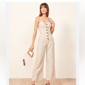 Reformation Torta Jumpsuit in oat color 100% linen